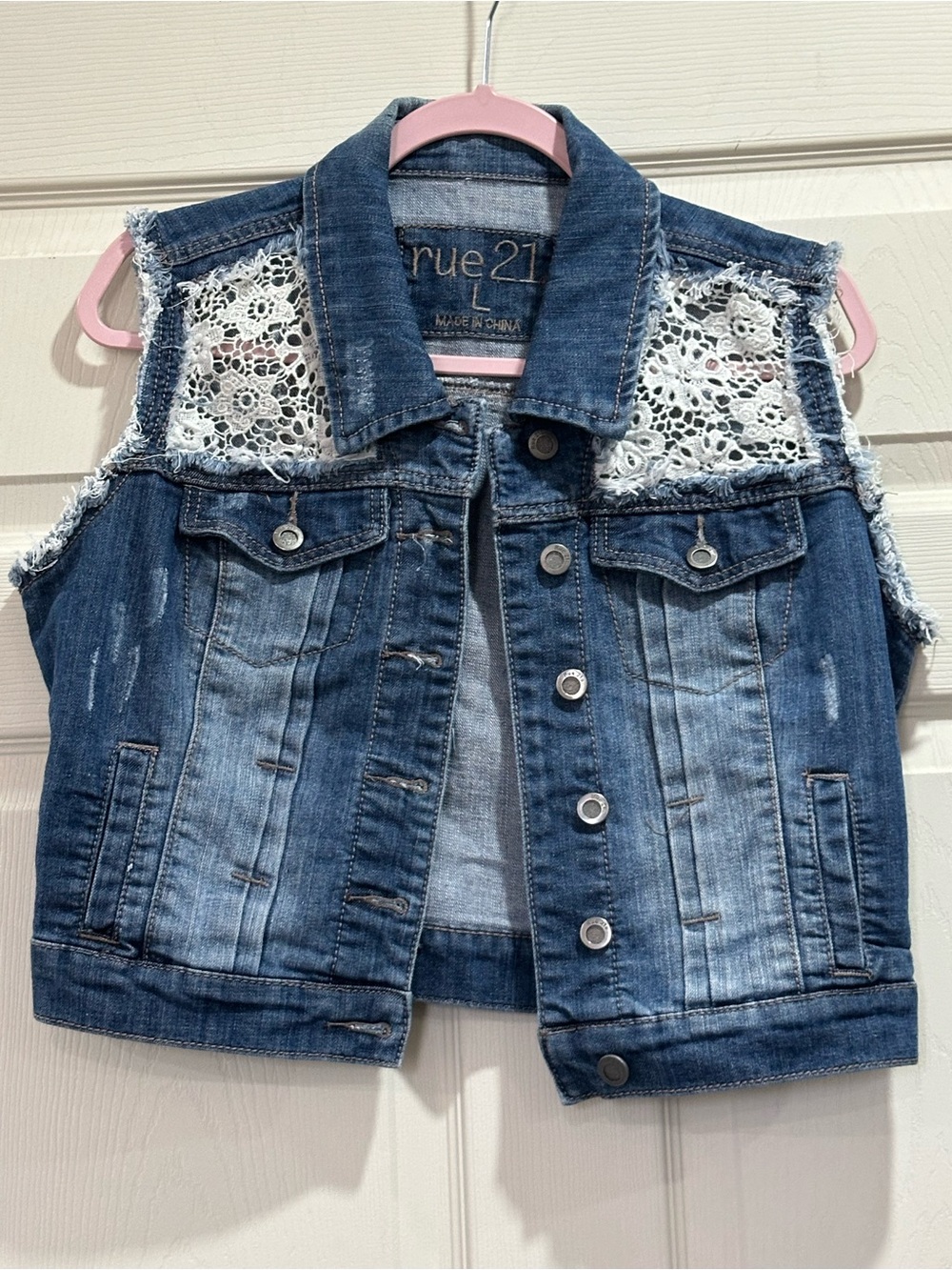 Rue21 Blue Denim Vest with White Lace Panels